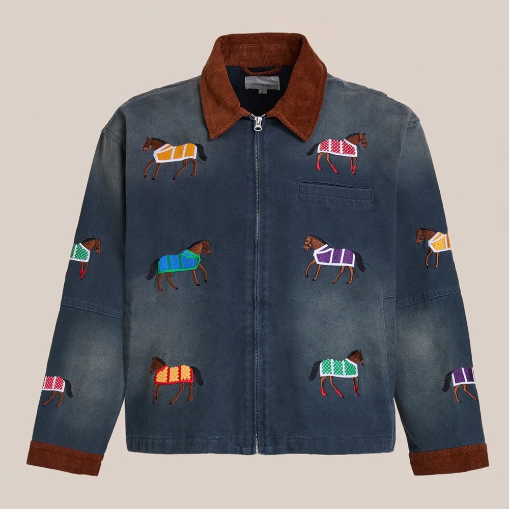 NWT FOUND Unisex Embroidered Horse Lariat Barn Jacket in Washed Navy Twill